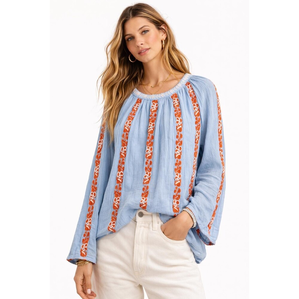 Tory Burch Blouse Size 6 Blue Embroidered Long Sleeve Boho Peasant Top